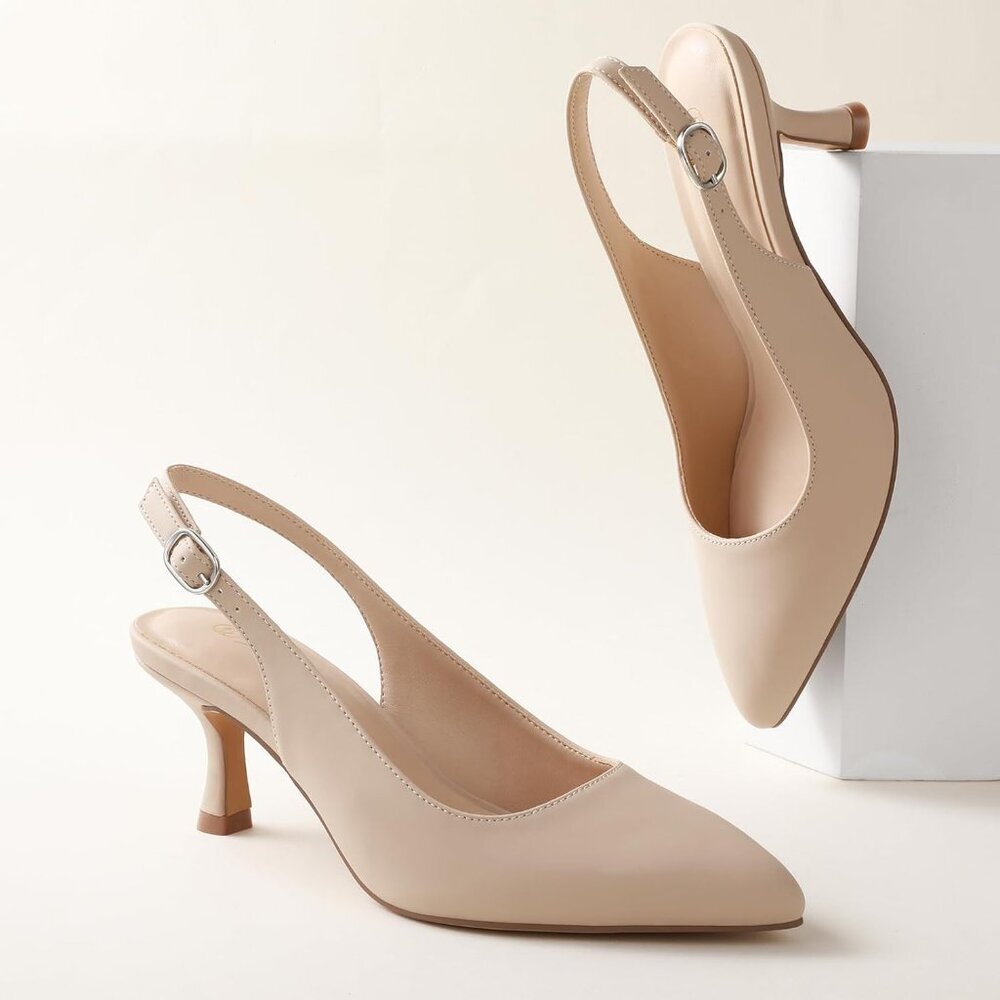 Women's Nude Nubuck Slingback Kitten Heels Closed Pointed Toe Pumps Dress Shoes - Picture 3 of 6